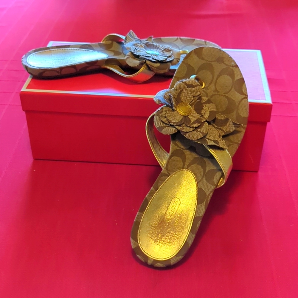 Coach Womens 10 Samira Flower Jacquard Signature Brown Gold Sandals Flip Flops